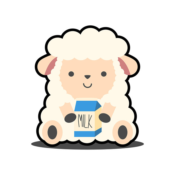 可爱的绵羊和牛奶卡通形象，在白色背景上。矢量插画。图片下载
