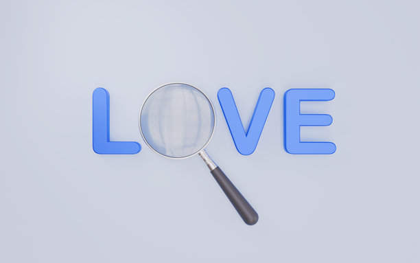 放大镜聚焦在“爱”字上，三维插画图片下载