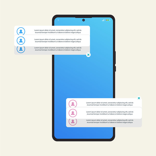 手机屏幕上的移动应用聊天通知界面，扁平化矢量插画。适用于移动应用、消息应用、社交网络、客户支持服务、SaaS平台。图片下载