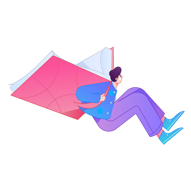 矢量渐变插画：一个角色正在阅读书籍。图片下载