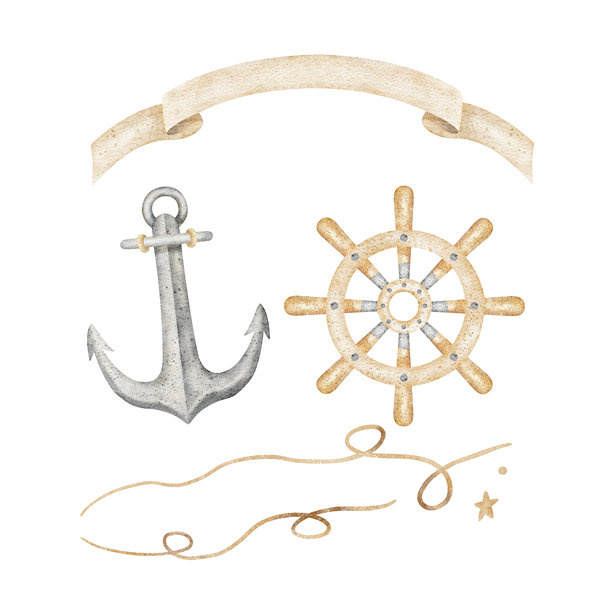 船锚，船舵，绳索，海盗丝带。航海风格的水彩插画，孤立于背景。手绘设计，用于儿童贺卡、派对邀请函、婴儿房装饰。图片下载