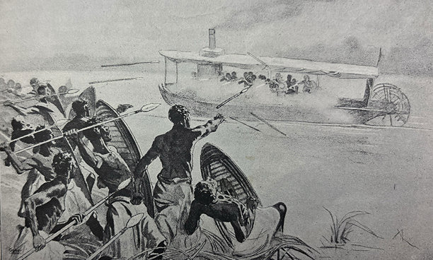 古董插画 - 非洲原住民向船投掷长矛图片下载