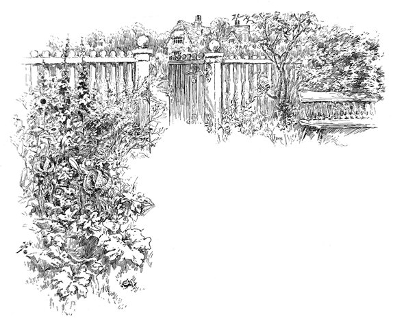 复古插画 - 装饰性花园，边缘有短篱笆和长椅 - 留有复制空间图片下载