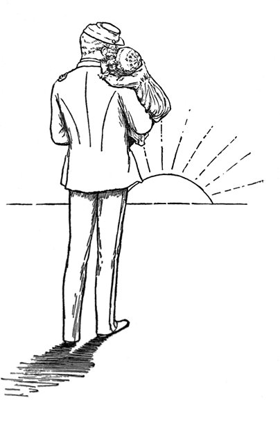 复古插画——身穿制服的男子抱着小女孩，背景有阳光。图片下载