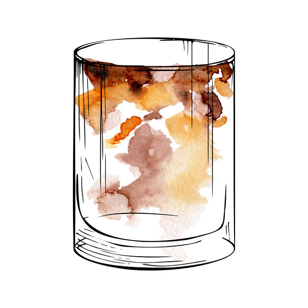 波本、朗姆酒或威士忌老式鸡尾酒，自由古巴，在岩石玻璃杯中，内格罗尼茶鸡尾酒水彩墨水插画。适用于酒吧菜单、产品标签、调酒图形、菜单标题的剪贴画。图片下载