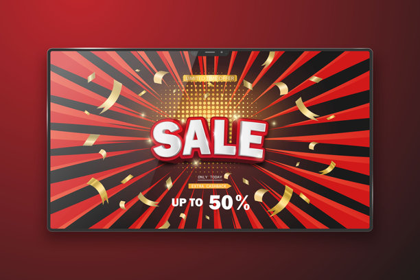 黑色和红色背景上，一个模拟显示器屏幕上的折扣促销横幅。图片下载