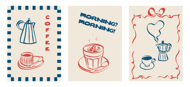 充满奇思妙想的咖啡馆涂鸦，描绘了咖啡杯和早餐食品。素描风格图标，包括拿铁、意式浓缩咖啡和卡布奇诺。非常适合菜单设计、品牌推广或复古海报。矢量插画图片下载