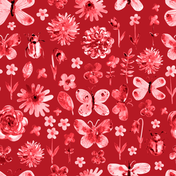 手绘水彩花卉蝴蝶无缝图案。多彩的玫瑰、雏菊、大丽花、甲虫、飞蛾、叶子插画图片下载