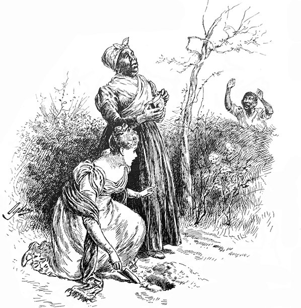 复古插画 - 白人女性躲在田野里，旁边有一位黑人女性 - 背景中有一位男性奔跑并挥舞着双手图片下载