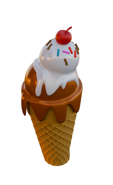 深色背景上，可爱的现代简约风格的甜点插画，描绘了一个巧克力甜筒，上面有香草冰淇淋球、亮泽酱汁、彩色糖珠和一颗樱桃。图片下载