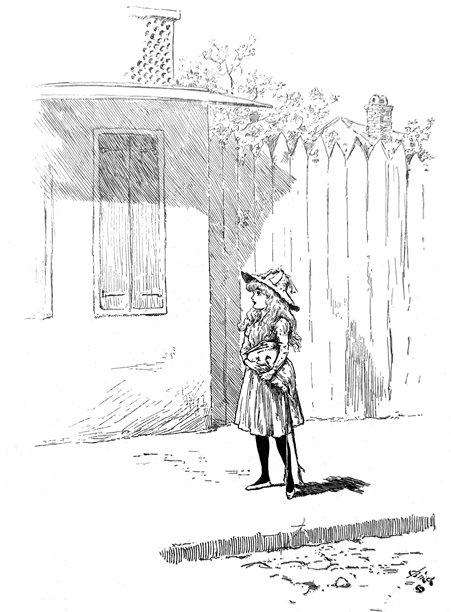 复古插画——一位穿着连衣裙、戴着帽子的年轻女孩站在房屋外的路边图片下载