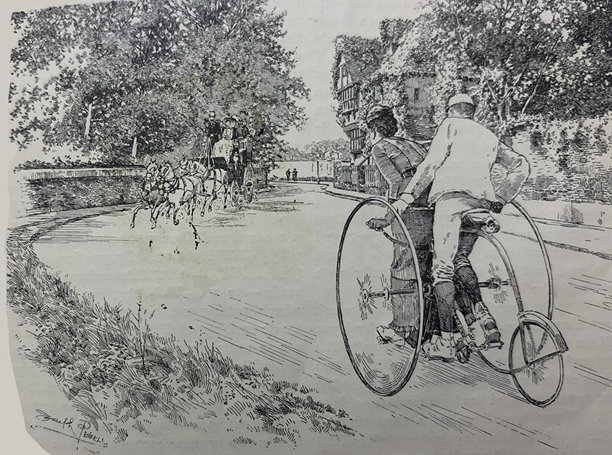 古董插画 - 一对男女骑着老式高轮自行车在街上行驶，马车迎面驶来图片下载