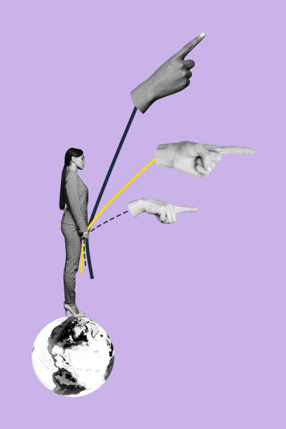 垂直潮流横幅 3D拼贴照片，描绘一个严肃的女孩，站立着指向地球图标，象征着搬迁、旅行、难民和移民。图片下载