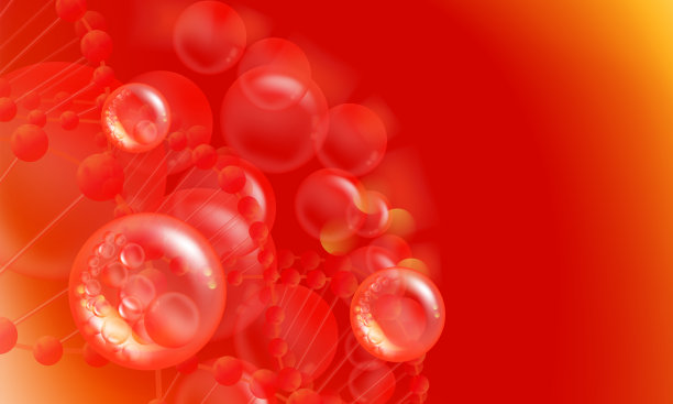 透明质酸护发护肤精华广告，红色胶原蛋白精华滴落于细胞之上，配以化妆品广告背景，插画矢量图。图片下载