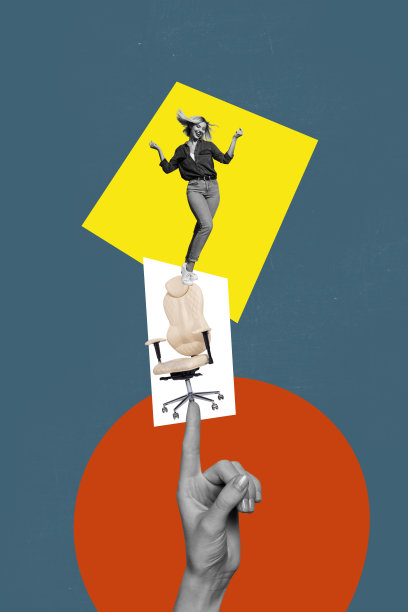 垂直构图的流行现代照片拼贴，一位快乐的女孩站着，指向椅子，象征着晋升、事业、管理、进步和机会。图片下载