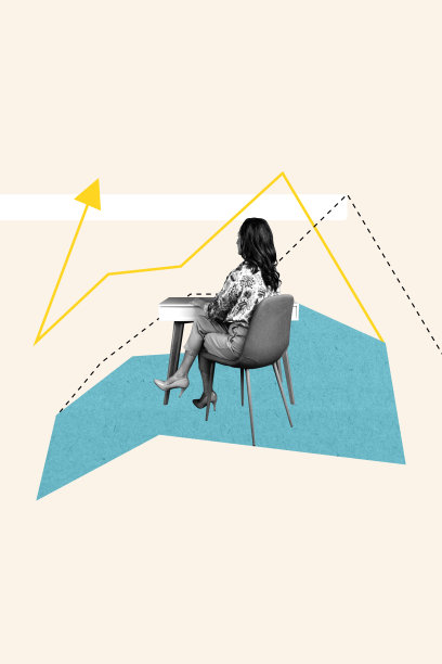 趋势垂直艺术作品 3D 照片拼贴，一位快乐的女商人在工作场所坐着，箭头显示发展统计数据、职业进步图片下载