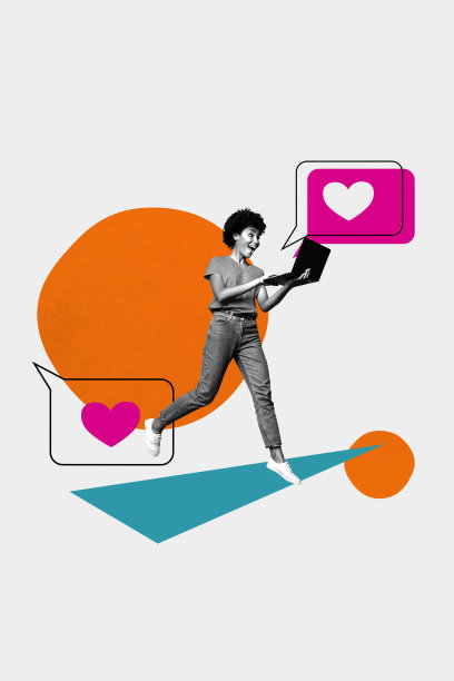 时尚博主用笔记本电脑工作，并配有心形图标、社交媒体粉丝、订阅者、内容反馈等元素的潮流素描拼贴画图片下载