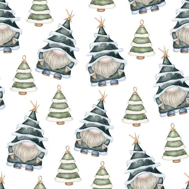 水彩圣诞小精灵和树饰无缝图案图片下载