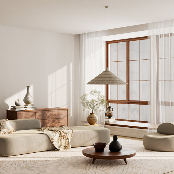 温暖的日光室内，配备米色沙发和木质家具，将天然材质融入柔和的极简优雅之中。三维插画。图片下载