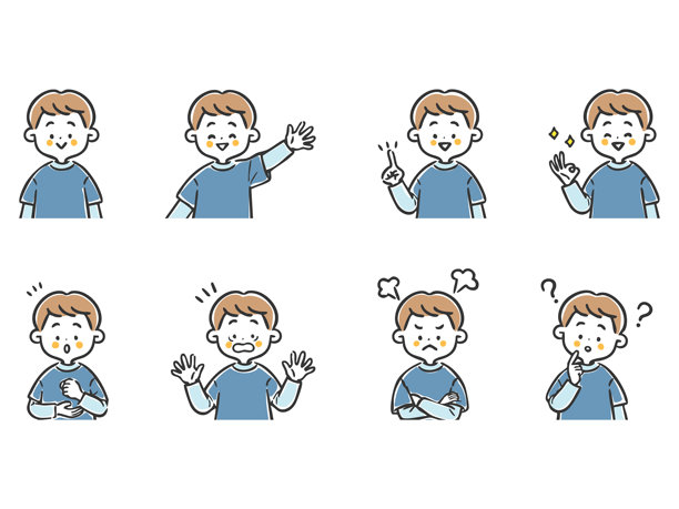 男孩们各种面部表情插画集，上半身，矢量图图片下载