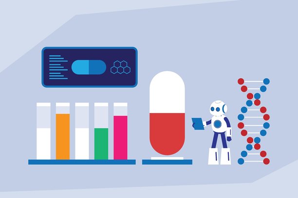 人工智能与机器人技术在药物发现、制药研究和个性化医疗中的应用 2D扁平化矢量插画图片下载