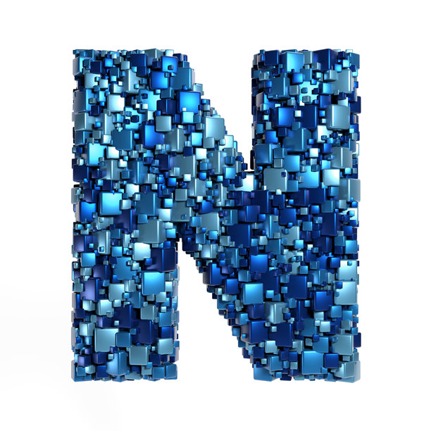 混乱随机排列的蓝色金属立方体组成大写字母N，描绘数据、人工智能和技术概念，3D渲染，孤立在白色背景上图片下载