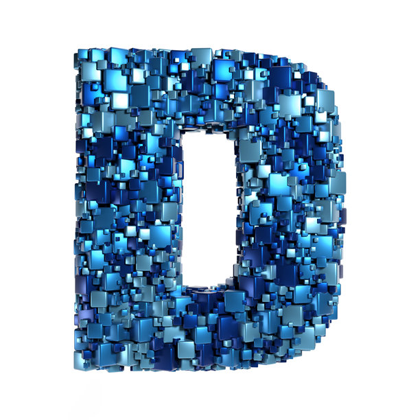 蓝色金属立方体混乱随机排列组成大写字母 D，描绘数据、人工智能和技术概念，3D渲染，孤立在白色背景上图片下载