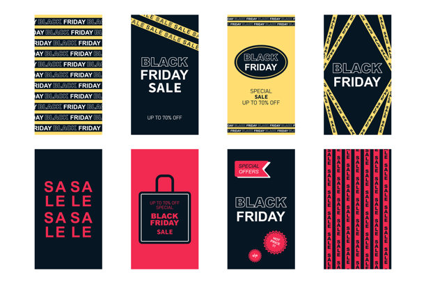 黑色星期五促销。一套8个用于智能手机故事的垂直网页横幅。黑色、粉色和黄色。带有文字的警戒线。矢量插画。图片下载