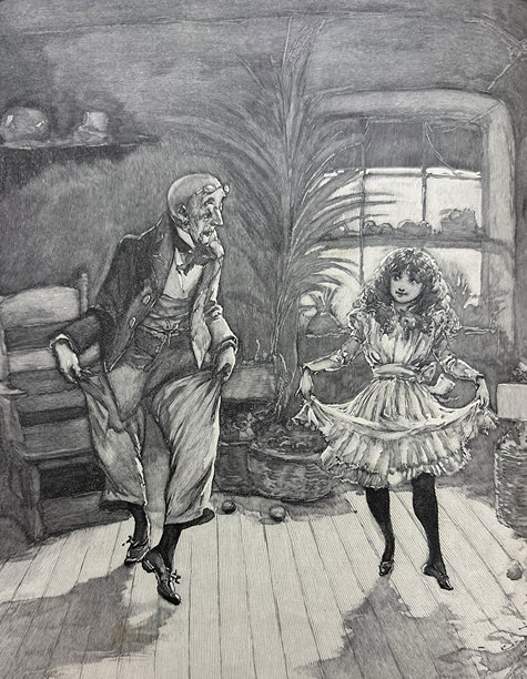 复古插画 - 一位老先生在教穿裙子的小女孩跳舞图片下载