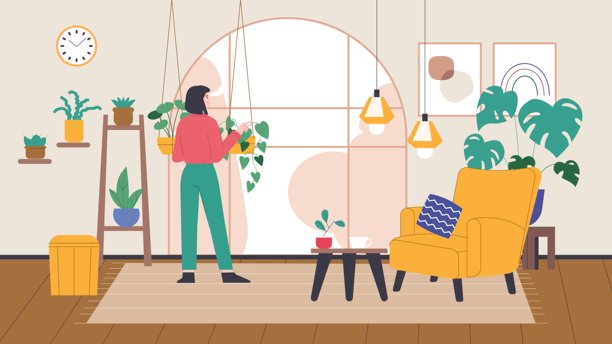 女人在舒适的房间里照料植物。客厅，摆放着各种盆栽绿植的室内花园。放松的时光，现代都市公寓生活，矢量插画图片下载
