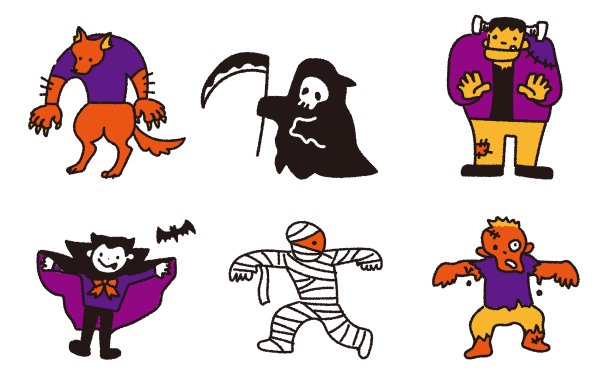 六个可爱万圣节怪物插画角色集合图片下载