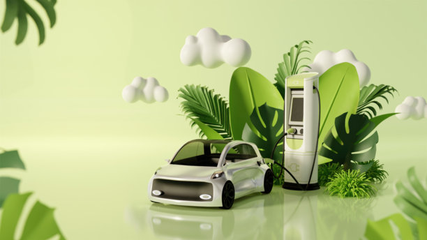可持续发展，电动汽车和环保充电站。3D渲染插画图片下载