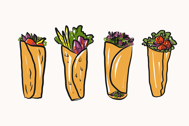 沙威玛三明治彩色插画，孤立背景。涂鸦风格的传统快餐、沙拉三明治、肉类零食、蔬菜、素食营养。适用于标志、菜单、招牌的设计。矢量图图片下载