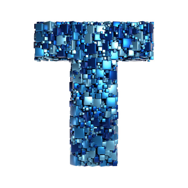 混乱随机排列的蓝色金属立方体组成大写字母T，描绘数据、人工智能和科技概念，3D渲染，孤立在白色背景上图片下载