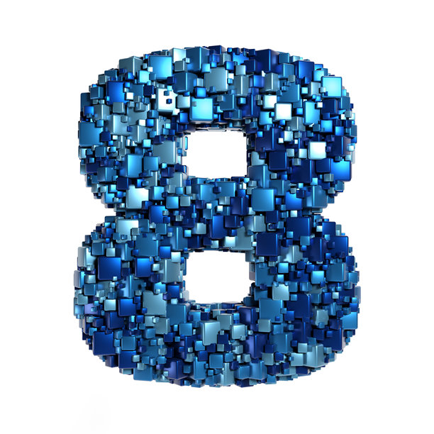 杂乱无章的蓝色金属立方体随机排列组成数字8，描绘数据、人工智能和技术概念，3D渲染，孤立在白色背景上图片下载