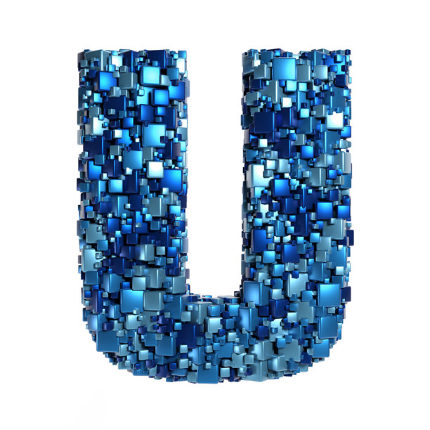 混乱随机排列的蓝色金属立方体组成大写字母U，描绘数据、人工智能和技术概念，3D渲染，孤立在白色背景上图片下载