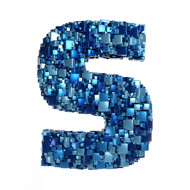 蓝色金属立方体混乱随机排列，组成大写字母 S，描绘数据、人工智能和技术概念，3D渲染，孤立在白色背景上图片下载
