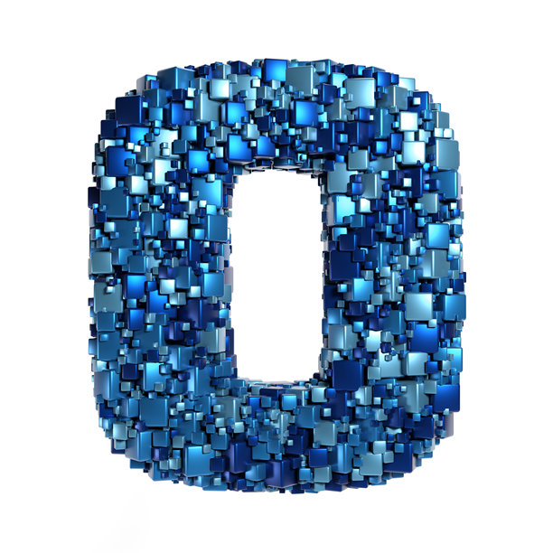 杂乱无章的蓝色金属立方体随机排列，组成大写字母“O”，描绘数据、人工智能和技术概念，3D渲染，孤立在白色背景上图片下载