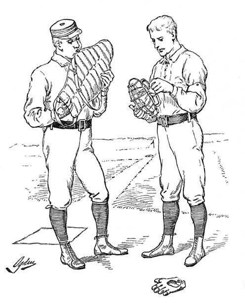 古董插画 - 两名棒球运动员，手持身体护具和面罩，并排站立图片下载