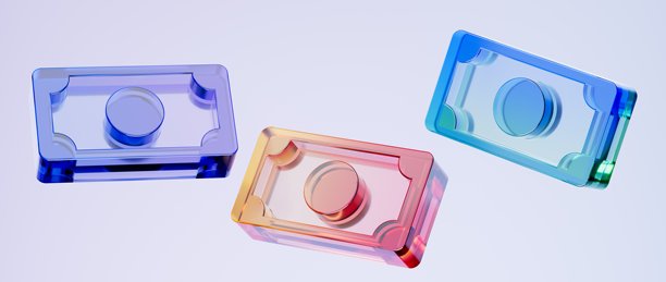 一套3D金钱现金图标，金融支付货币概念。多彩渐变玻璃质感图标，潮流玻璃全息图标，用于图形设计、UI UX界面、3D渲染插画。图片下载