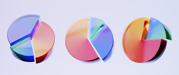 一组 3D 饼图图标，彩虹渐变玻璃质感图标，玻璃全息图标，极简水晶透明感，非常适合平面设计、UI UX 界面、3D 渲染插画。图片下载