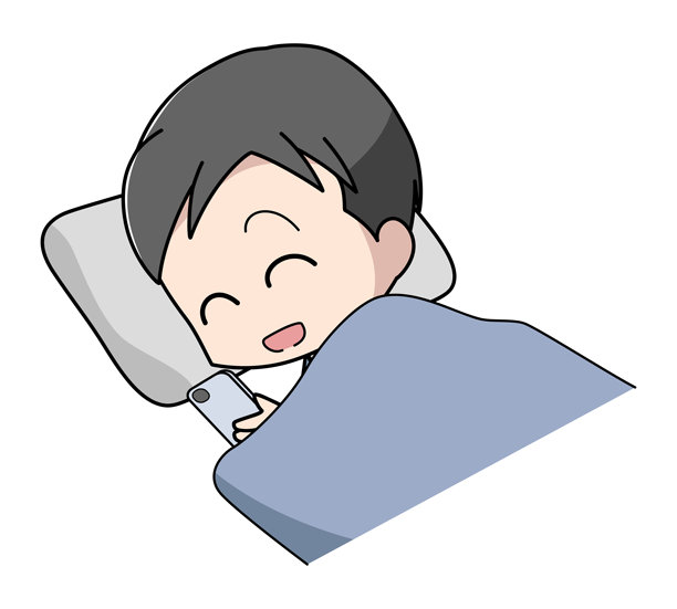 一位面带微笑的男士在睡梦中操作智能手机的插画图片下载