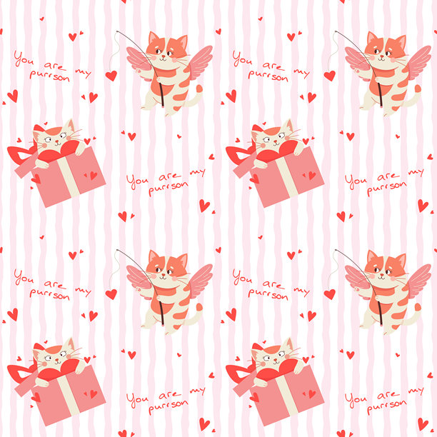 矢量情人节图案，以条纹背景上的卡通丘比特猫、礼品盒和爱心为特色。适用于贺卡、包装纸、文具、纺织品和爱情装饰的浪漫节日插画。图片下载