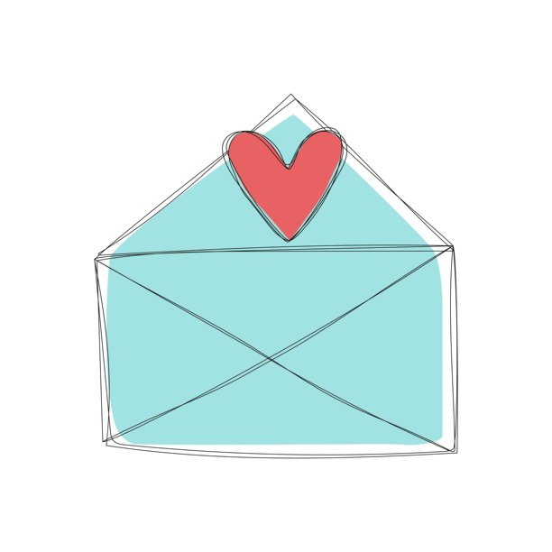 信封、信件和爱心。手绘浪漫心形。节日设计。适用于情人节和婚礼。线条艺术、轮廓、马克笔。彩色插画，孤立在白色背景上。图片下载