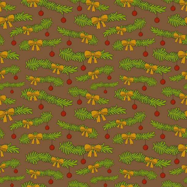 圣诞节无缝图案，棕色背景上饰有绿色松枝、金色蝴蝶结和红色饰球。图片下载