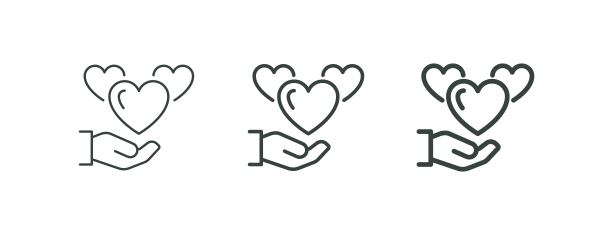 传递慈善信息，充满爱与关怀；伸出的双手象征捐赠的轮廓图标。极简线条风格的爱心在手中，一只手托着三个心形符号。适用于网页和应用的矢量独立象形图。图片下载