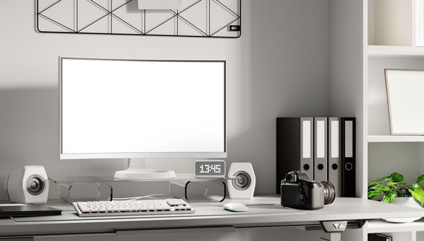 现代工作空间，配备用于远程工作的电脑和相机设置。三维渲染插画图片下载