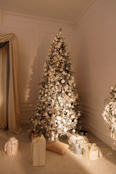 奢华室内装饰的优雅圣诞树，饰有白色和银色图片下载