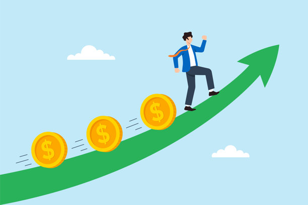 商务人士奔跑在上升的绿色箭头上，伴随滚动的金币，象征着财务增长和商业成功，扁平化插画风格。图片下载