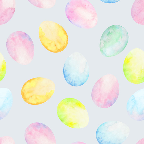 浅蓝色背景上的无缝水彩复活节彩蛋图案图片下载